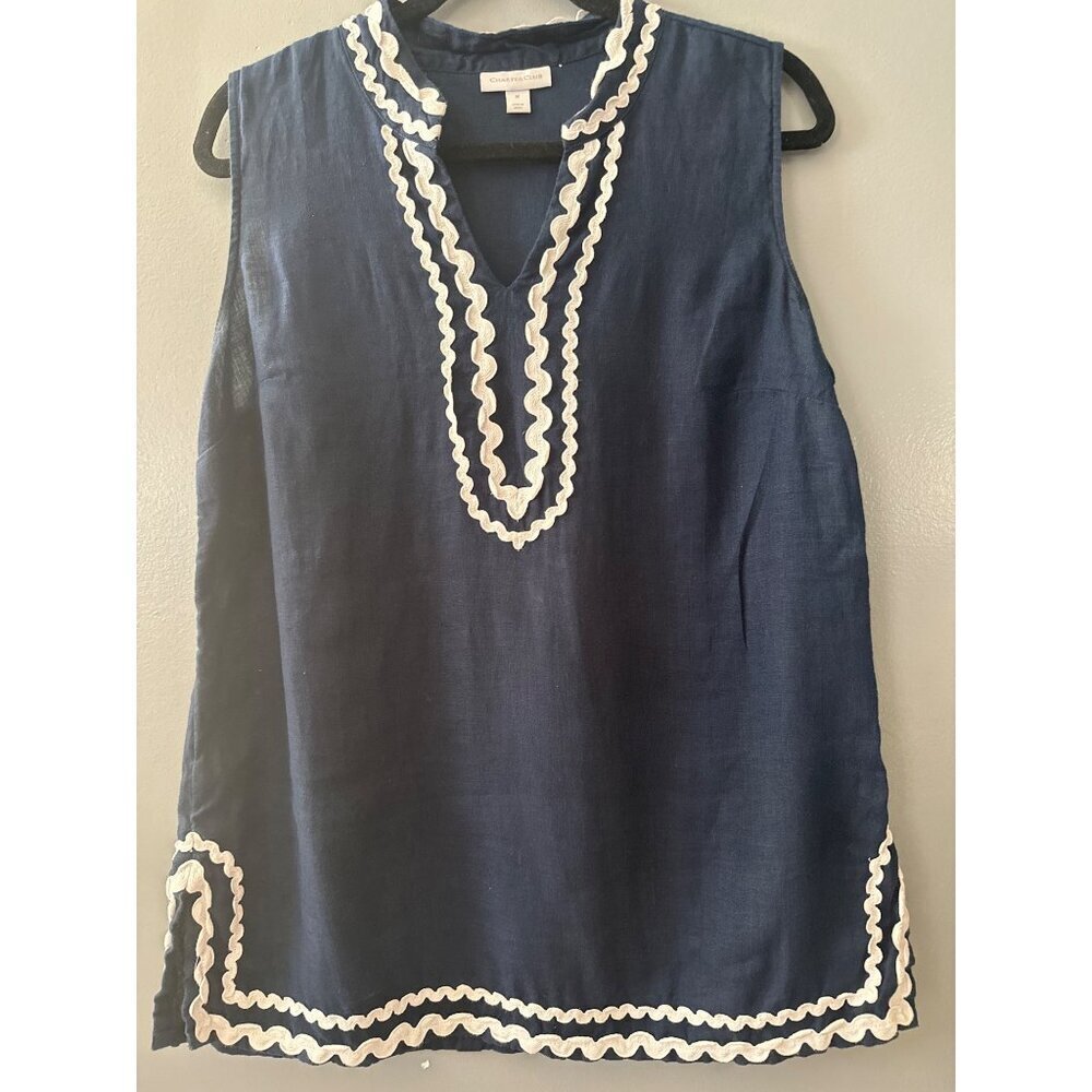 Charter Club Linen Top Size M Navy Blue White Embroidered Coastal Preppy Chic